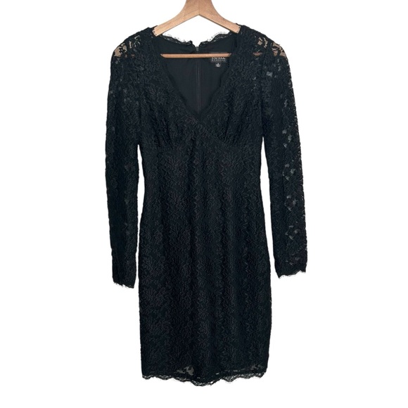 Adrianna Papell Evening Black Lace Overlay V-Neck Long-Sleeve Sheath Dress Sz 2 - Picture 4 of 9